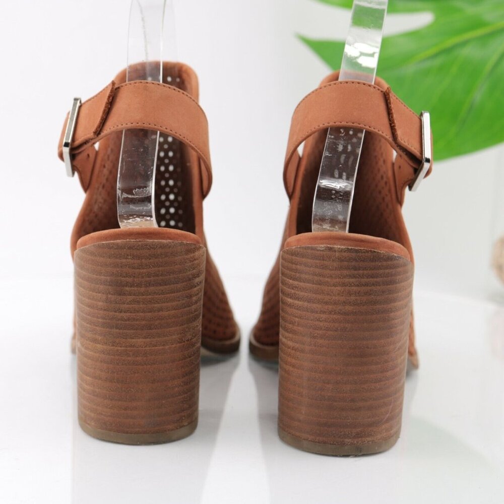 Steve Madden Womens Neptune Sandal Size 8.5 Brown Leather Block Heel Peep Toe - Picture 7 of 12